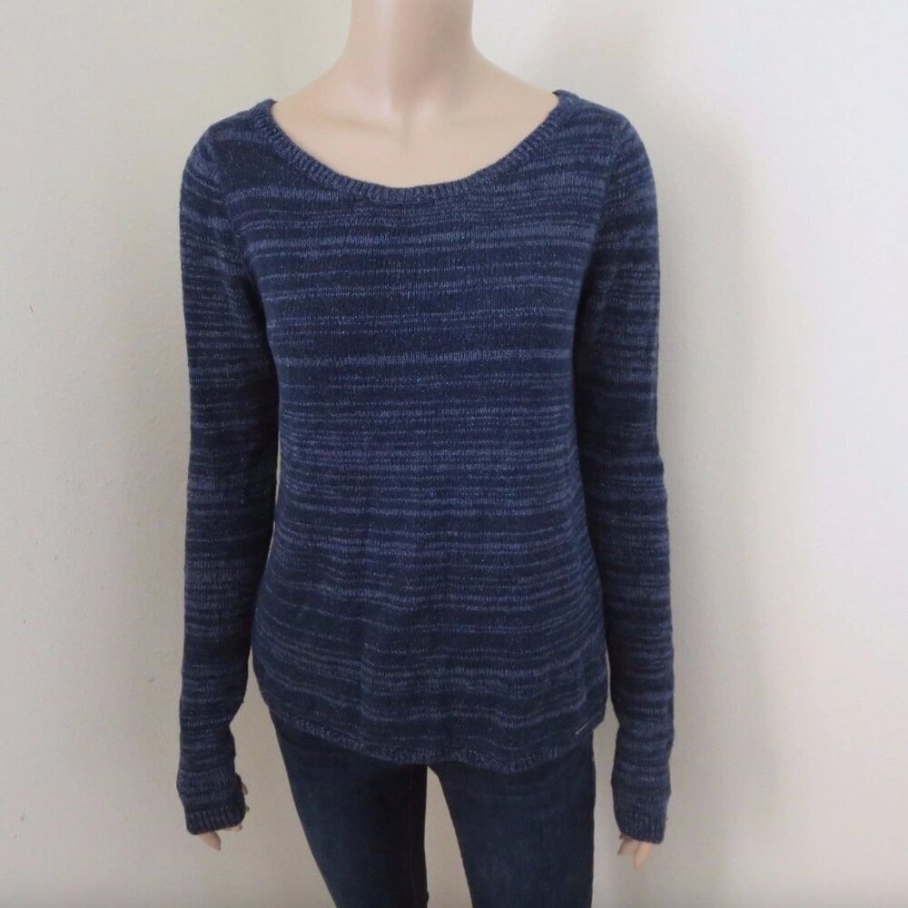 Hollister Womens Knit Shine Sweater Size Medium Crochet Lace Back Navy Blue